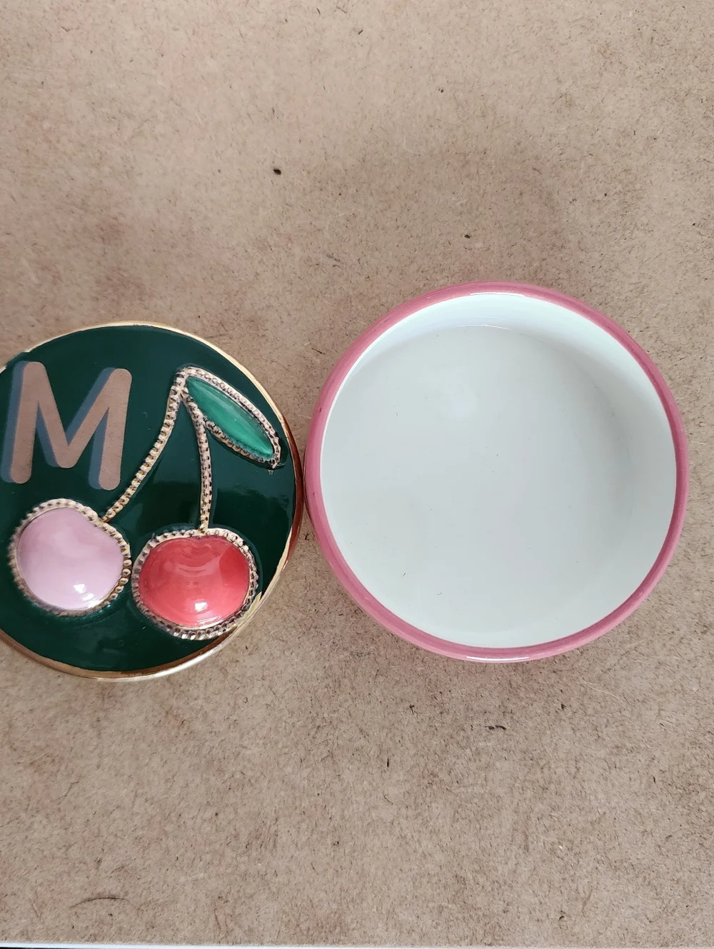 Anthropologie Trinket Box M Initials Cherry Enamel Vanity Decor